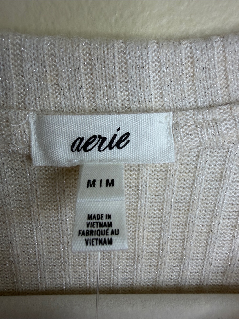 Aerie M Cream Metallic Ribbed Button Front Cardigan Sweater NWT - Picture 2 of 10